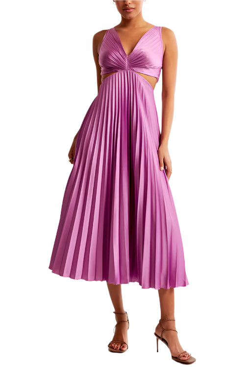 Kvinnors Maxi Klänning V-Hals Utskärning Ärmlös Plisserad 0