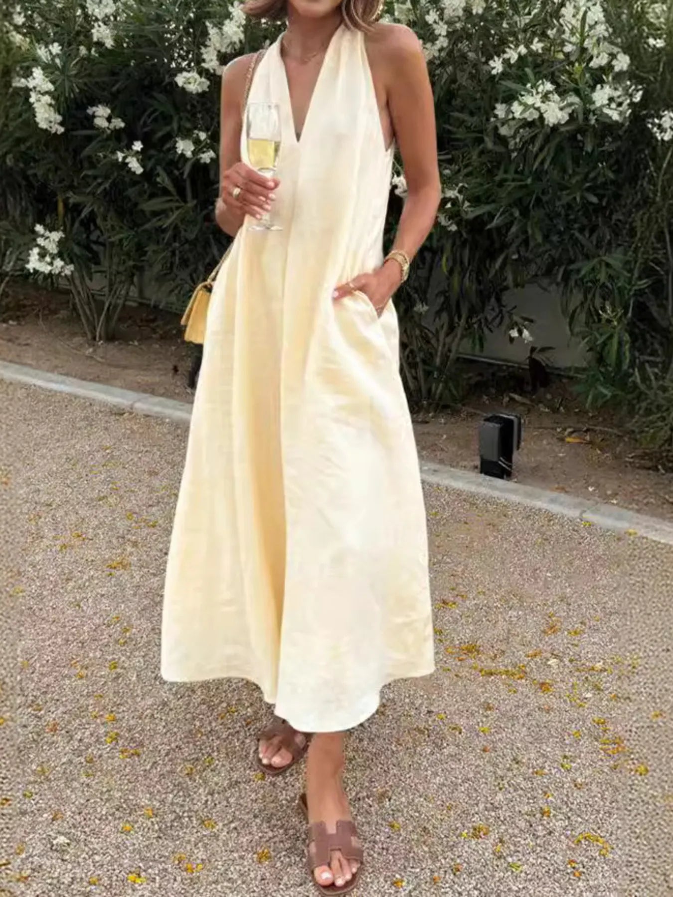 Kvinnors Midi Klänning Halterneck Linne Polyester 1