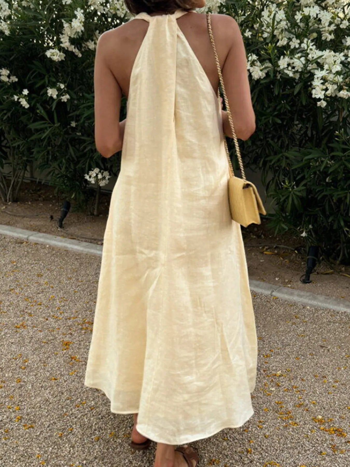 Kvinnors Midi Klänning Halterneck Linne Polyester 2