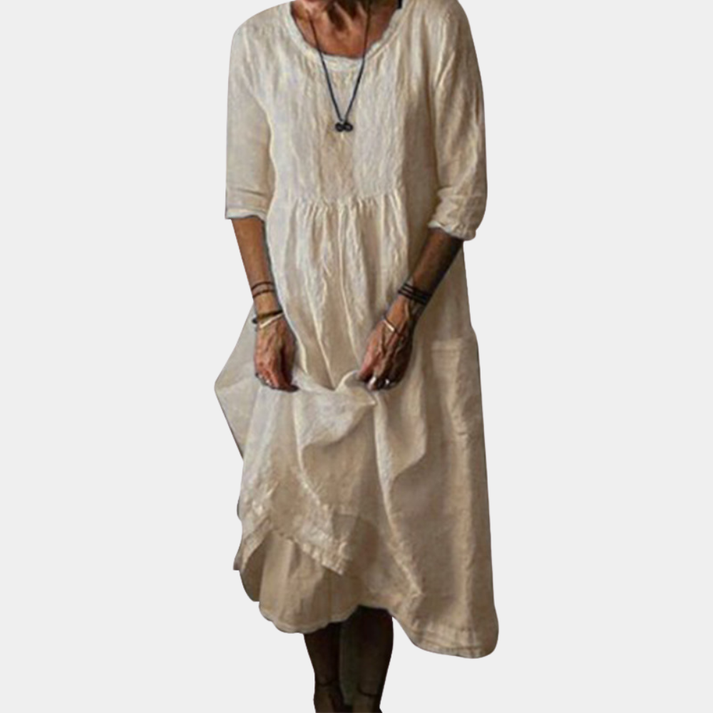 Kvinnors Midi Klänning med Albuelånga Ärmar Vintage-Inspirerad Bomullslinned 2