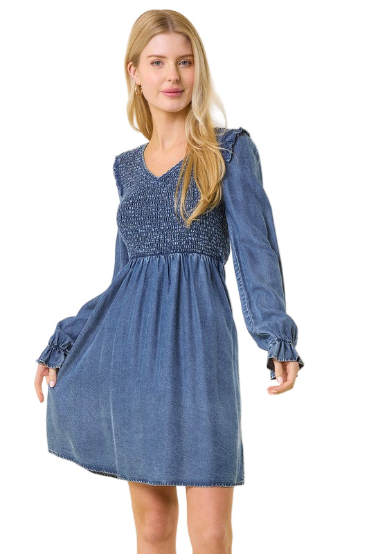 Kvinnors Mini Klänning V-Hals Smockad Denim 0