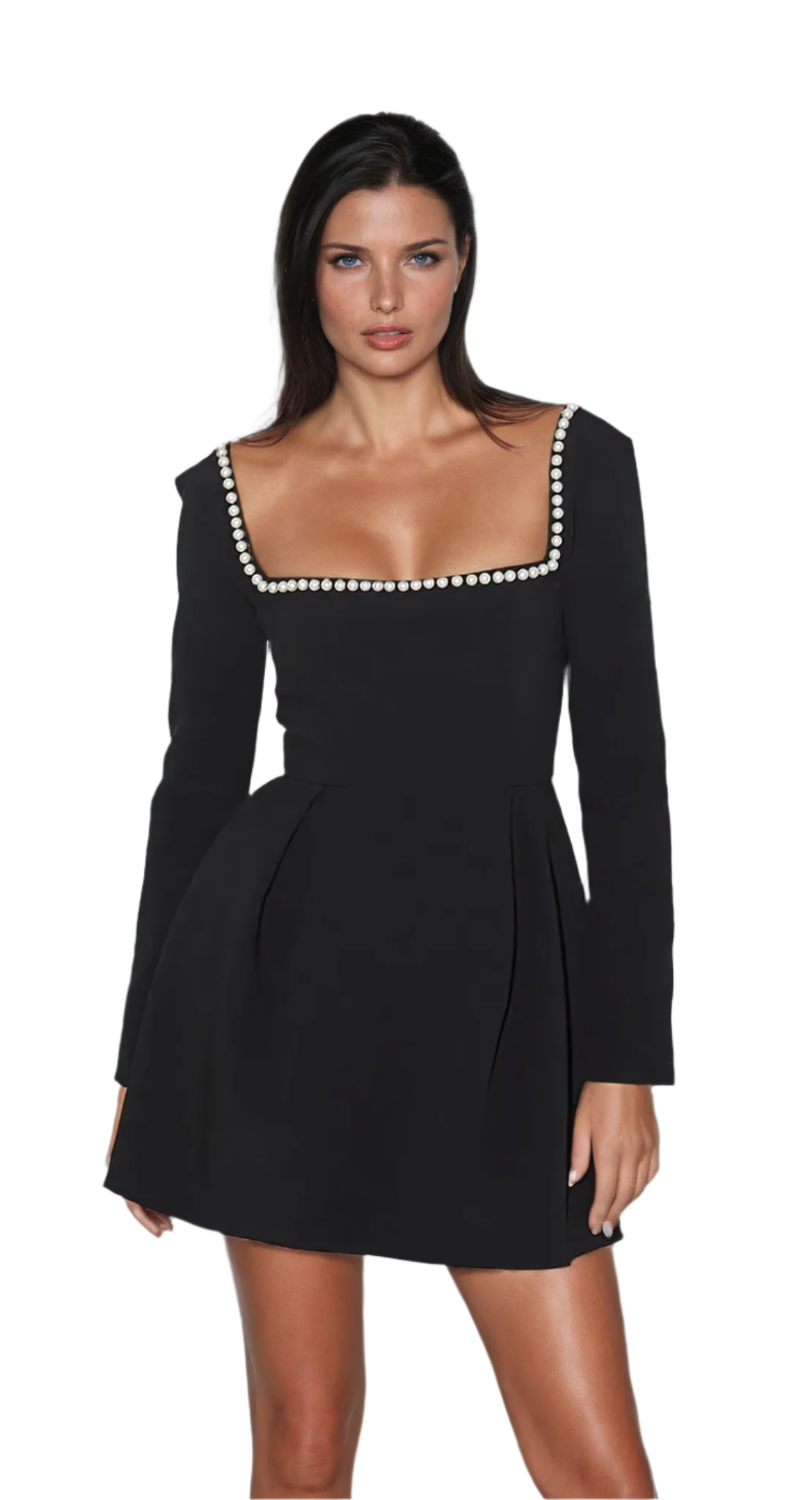 Kvinnors Mini Klänning med Långa Ärmar och Pärldetaljer 0