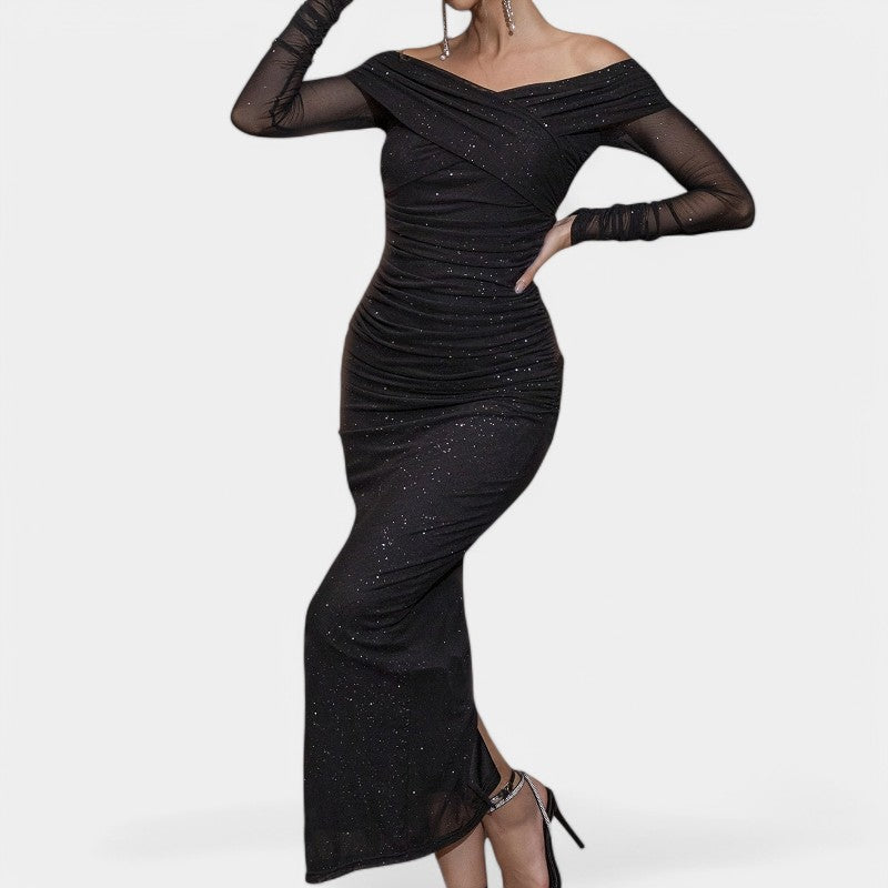 Kvinnors Off-Shoulder Klänning med Långa Ärmar 1