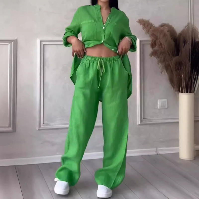 Kvinnors Skjorta och Vida Byxor Set Linneblandning Avslappnad Passform 2