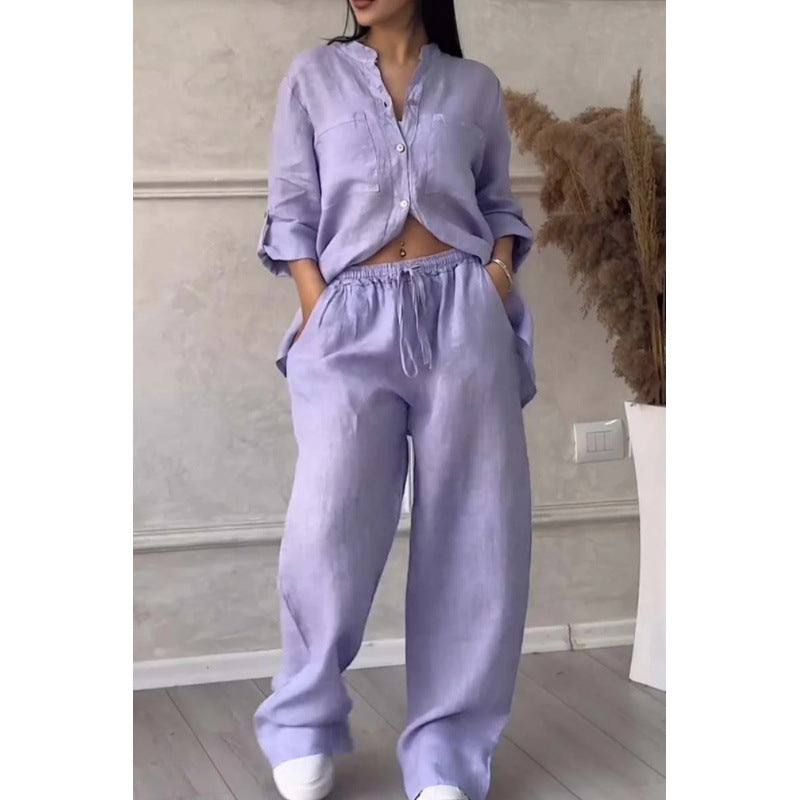 Kvinnors Skjorta och Vida Byxor Set Linneblandning Avslappnad Passform 7