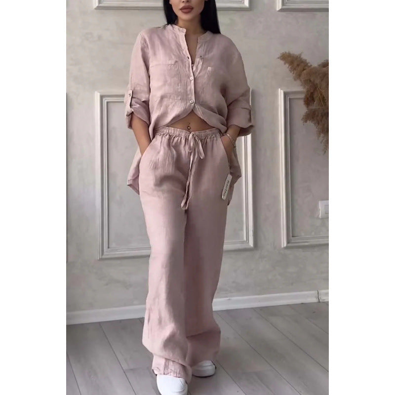 Kvinnors Skjorta och Vida Byxor Set Linneblandning Avslappnad Passform 9