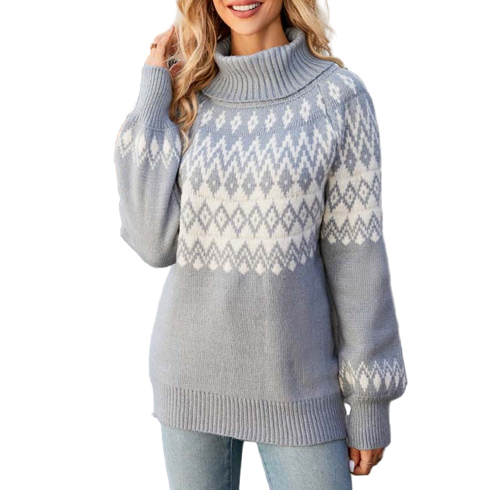 Kvinnors Stickad Tröja Hög Krage Geometriskt Mönster 0