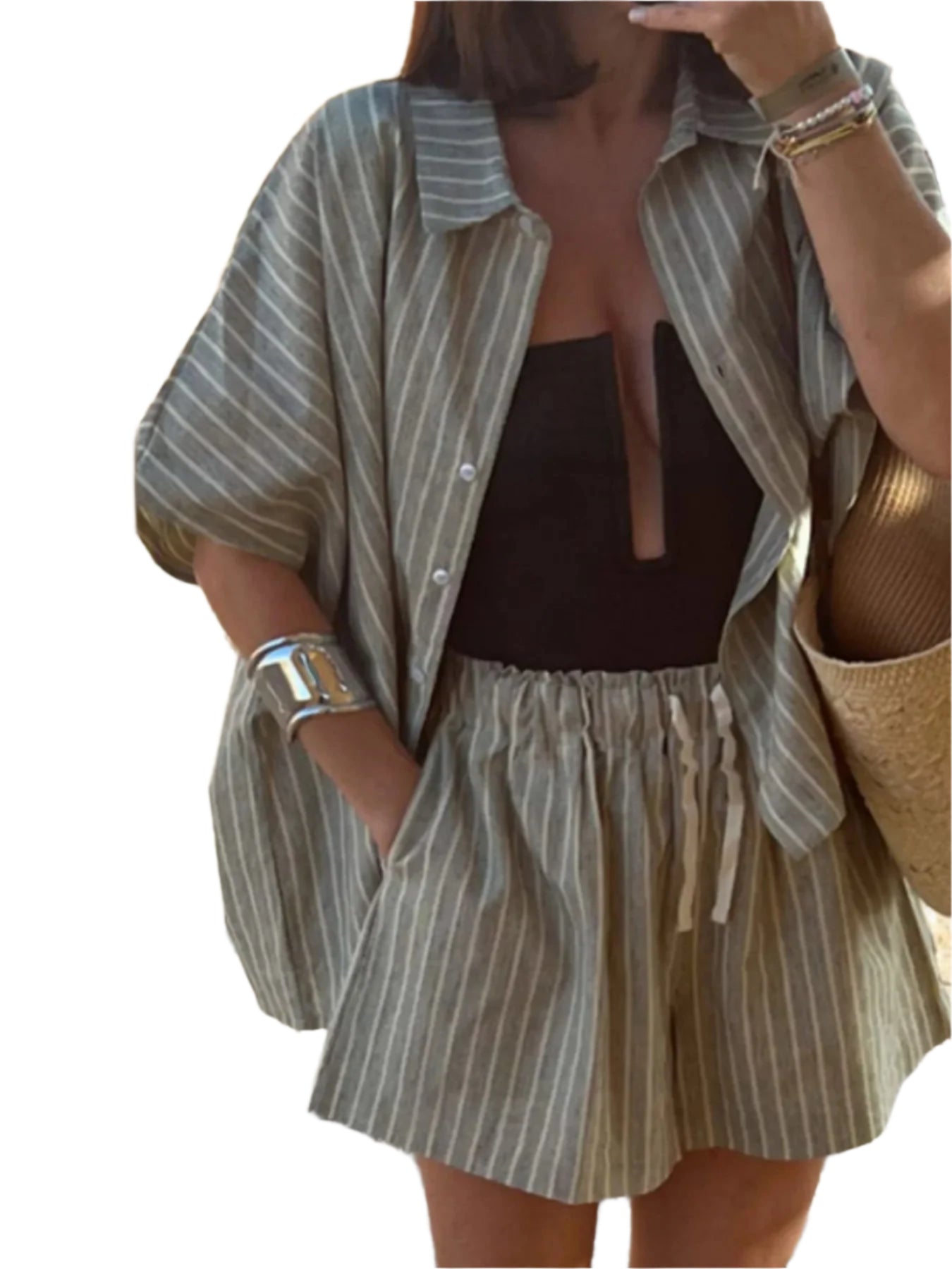 Kvinnors Topp och Shorts Set i Linne med Ränder 0