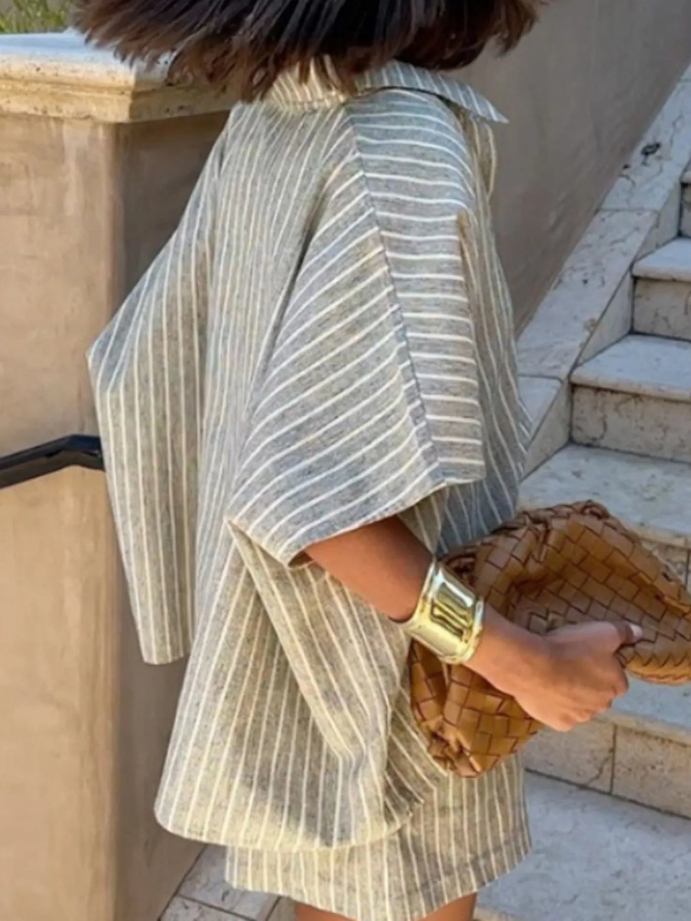 Kvinnors Topp och Shorts Set i Linne med Ränder 3