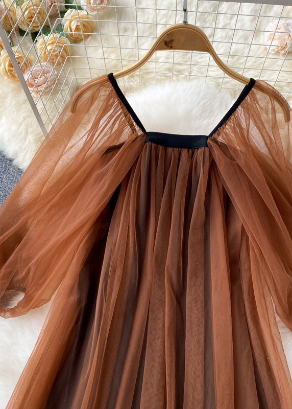 Kvinnors Tulle Klänning Fyrkantig Krage Lanternärm 1