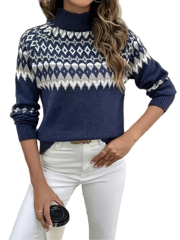 Kvinnors Turtleneck Tröja i Ull – Geometrisk Mönster 0