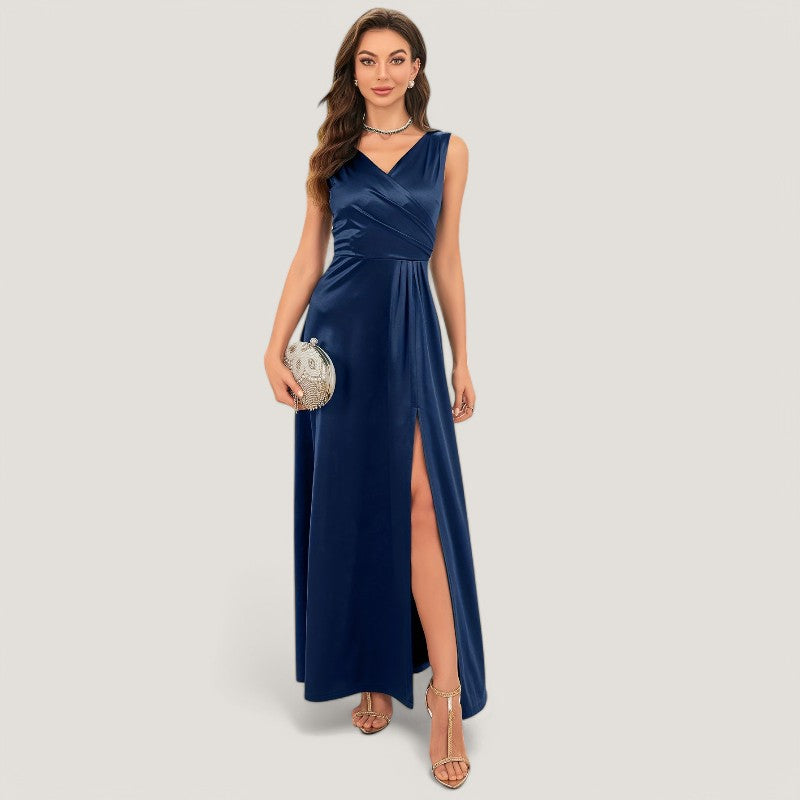 Kvinnors V-ringad Maxiklänning i Satin utan Ärmar 2