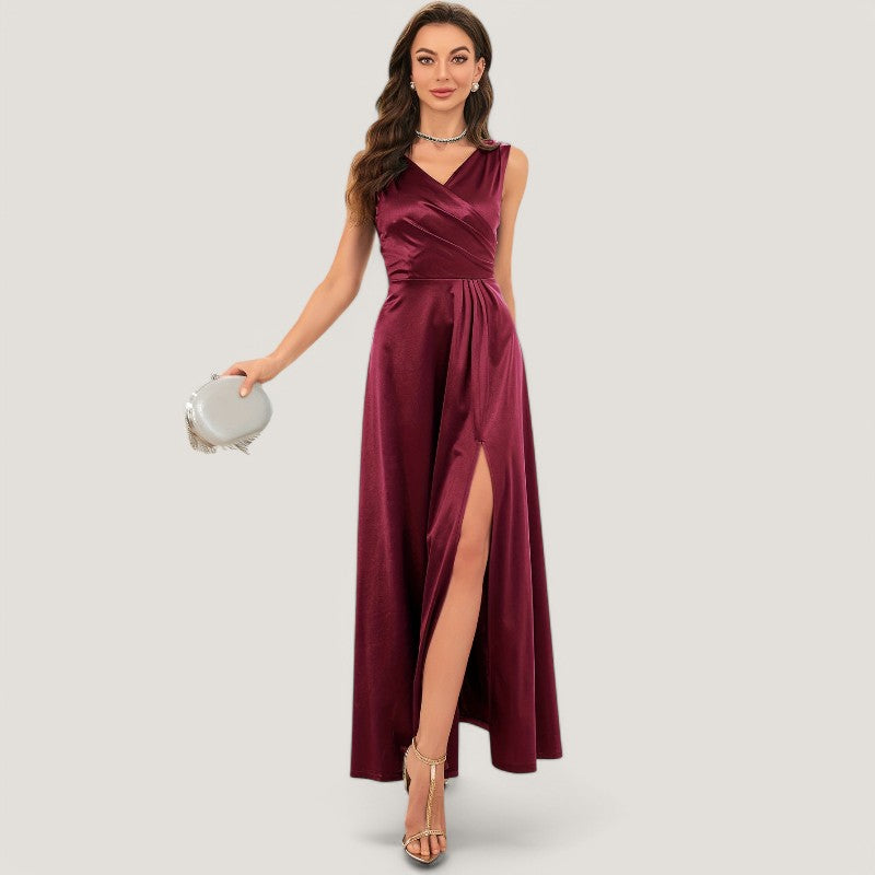 Kvinnors V-ringad Maxiklänning i Satin utan Ärmar 5