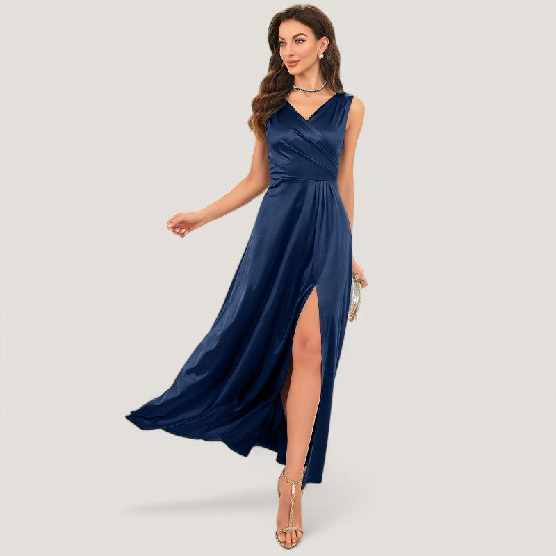 Kvinnors V-ringad Maxiklänning i Satin utan Ärmar 9