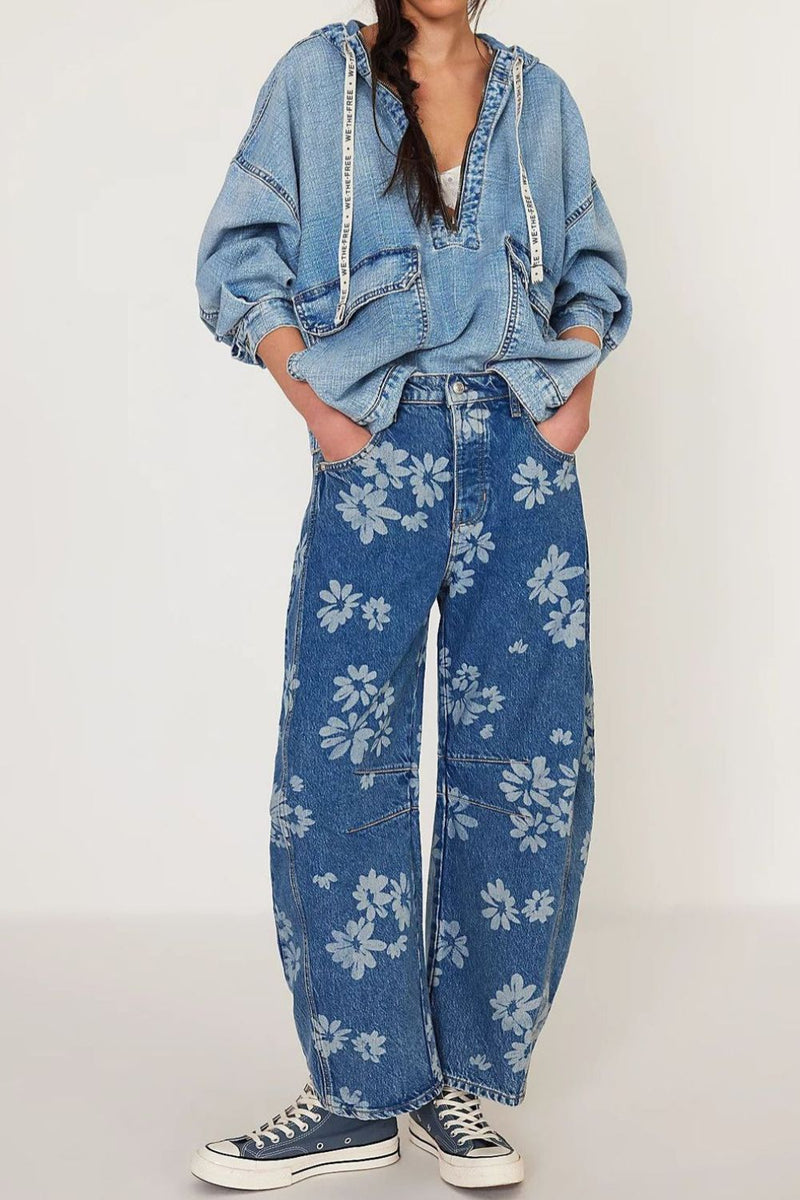 Kvinnors Vidbyxjeans Blommigt Mönster Rayon 1