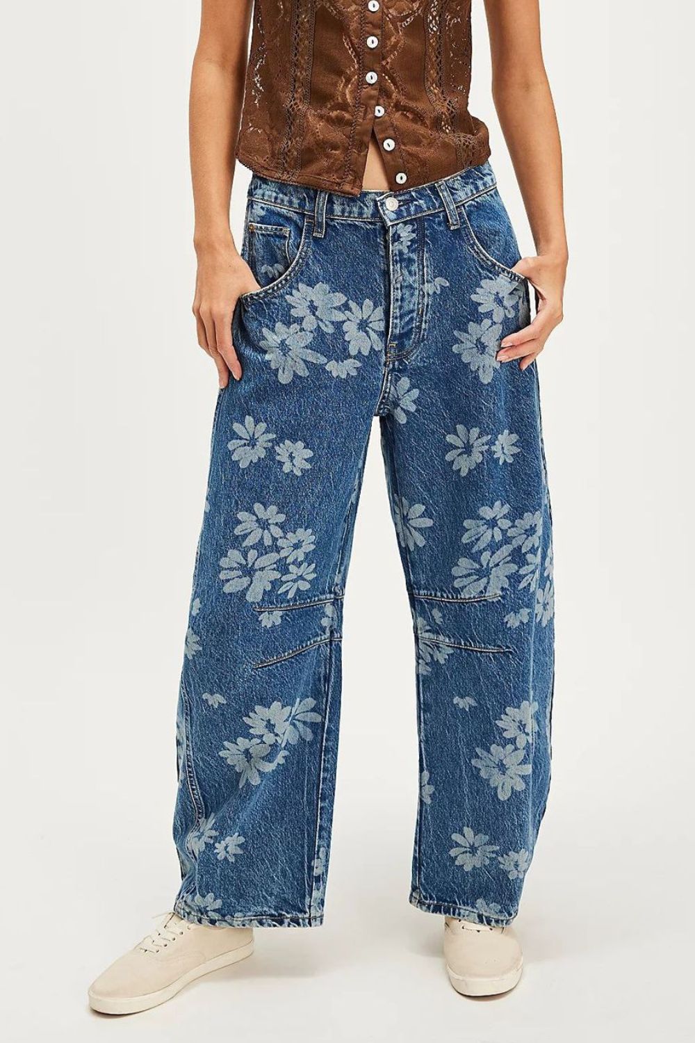 Kvinnors Vidbyxjeans Blommigt Mönster Rayon 4