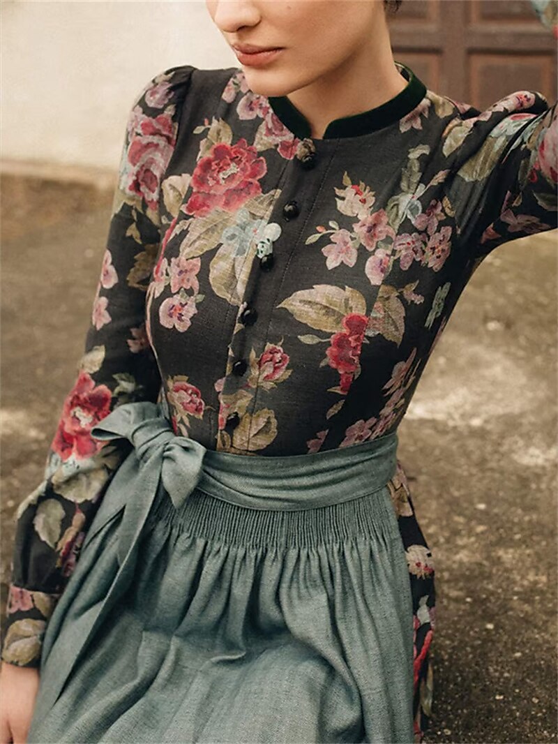 Kvinnors Vintage Dirndl Klänning Blommönster 0