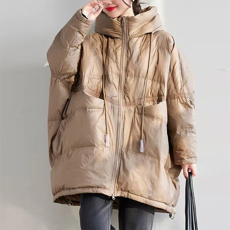 Lång Vinterjacka Dam Med Huva Casual Oversize 12