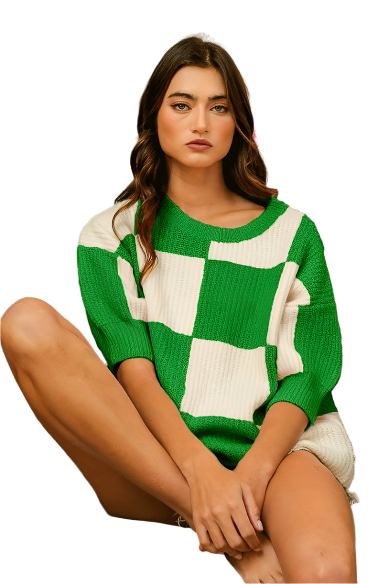 Lindex Dam Tröja Stickad Rund Hals Checkered Mönster 0