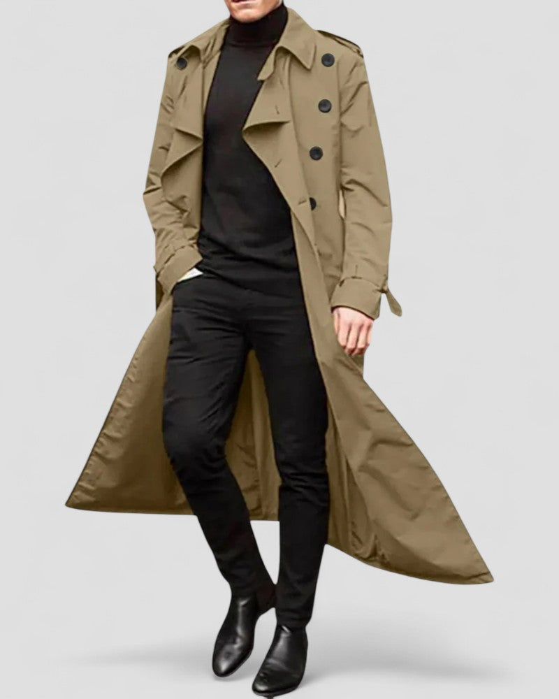 Mäns Lång Trenchcoat Dubbelknäppt Klassisk Stil 3