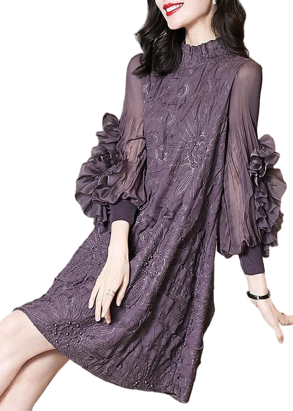 Maxi Klänning Dam med Ståkrage och Broderi Långa Ärmar 0