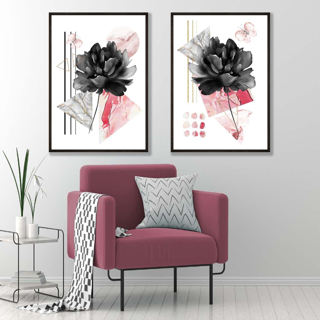 Moderna Konsttryck med Blommotiv i Svart och Rosa - Set om 2 1