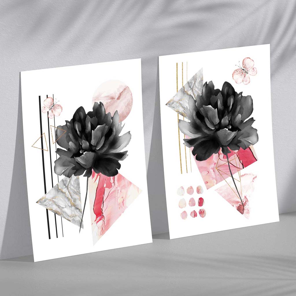 Moderna Konsttryck med Blommotiv i Svart och Rosa - Set om 2 2