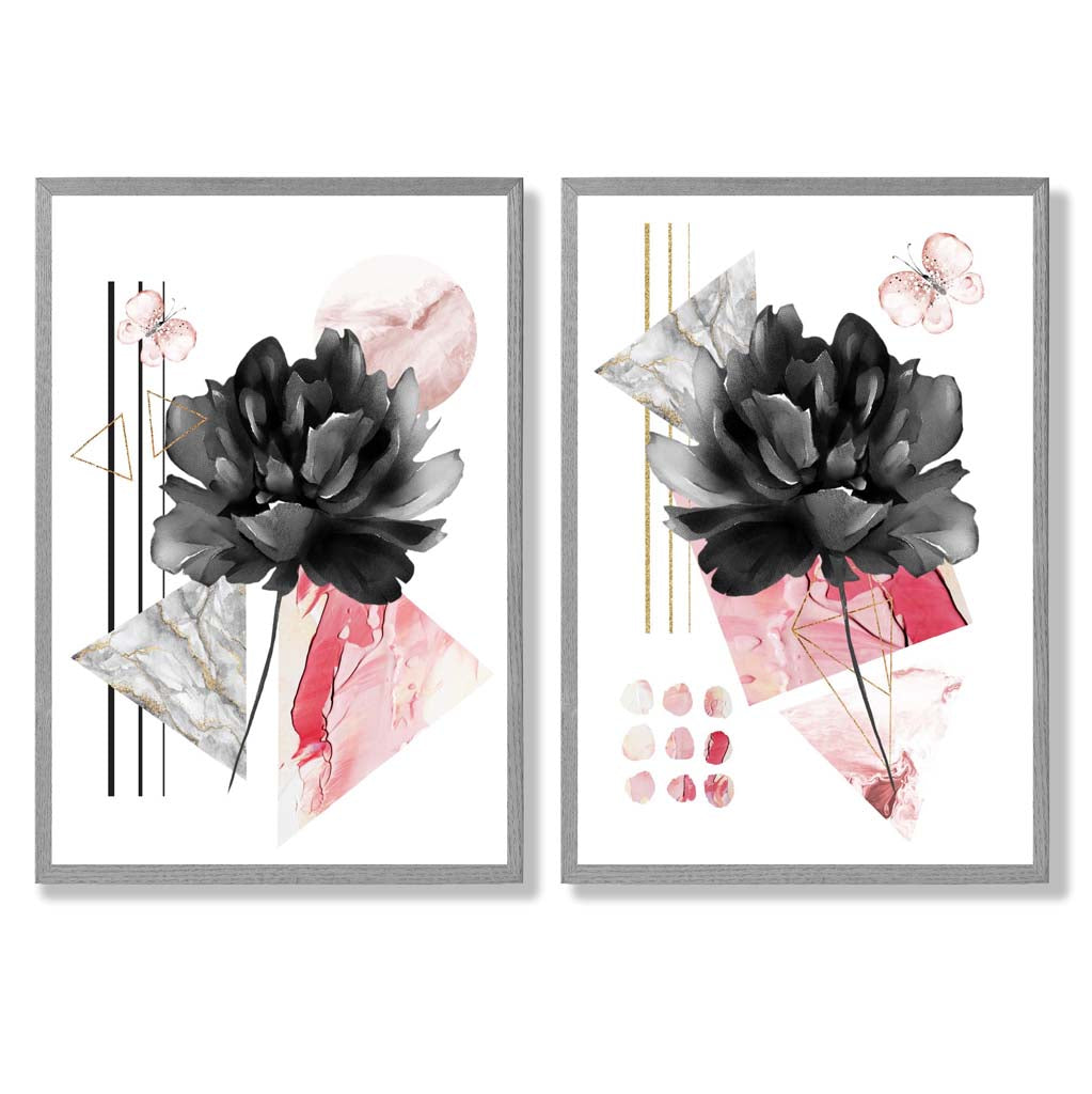 Moderna Konsttryck med Blommotiv i Svart och Rosa - Set om 2 5