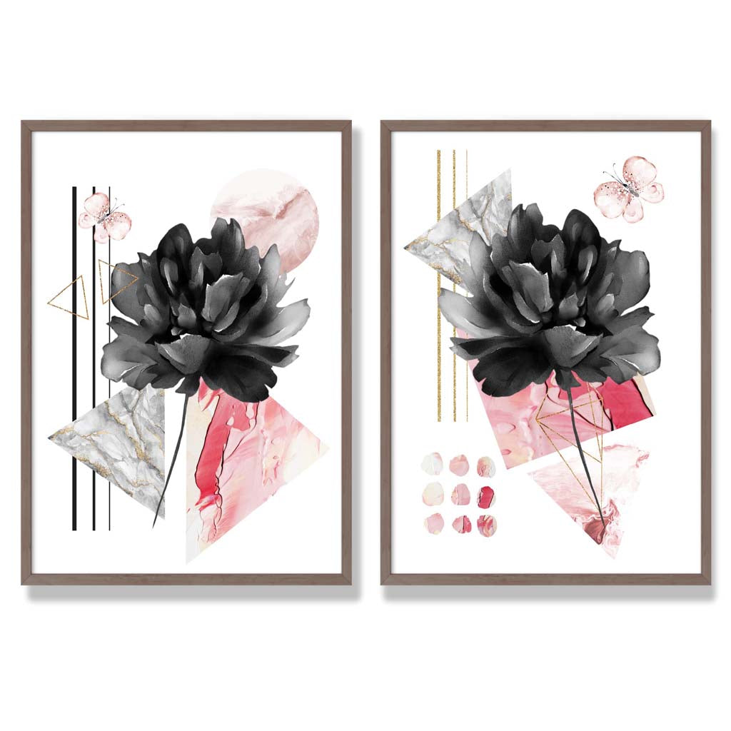 Moderna Konsttryck med Blommotiv i Svart och Rosa - Set om 2 7