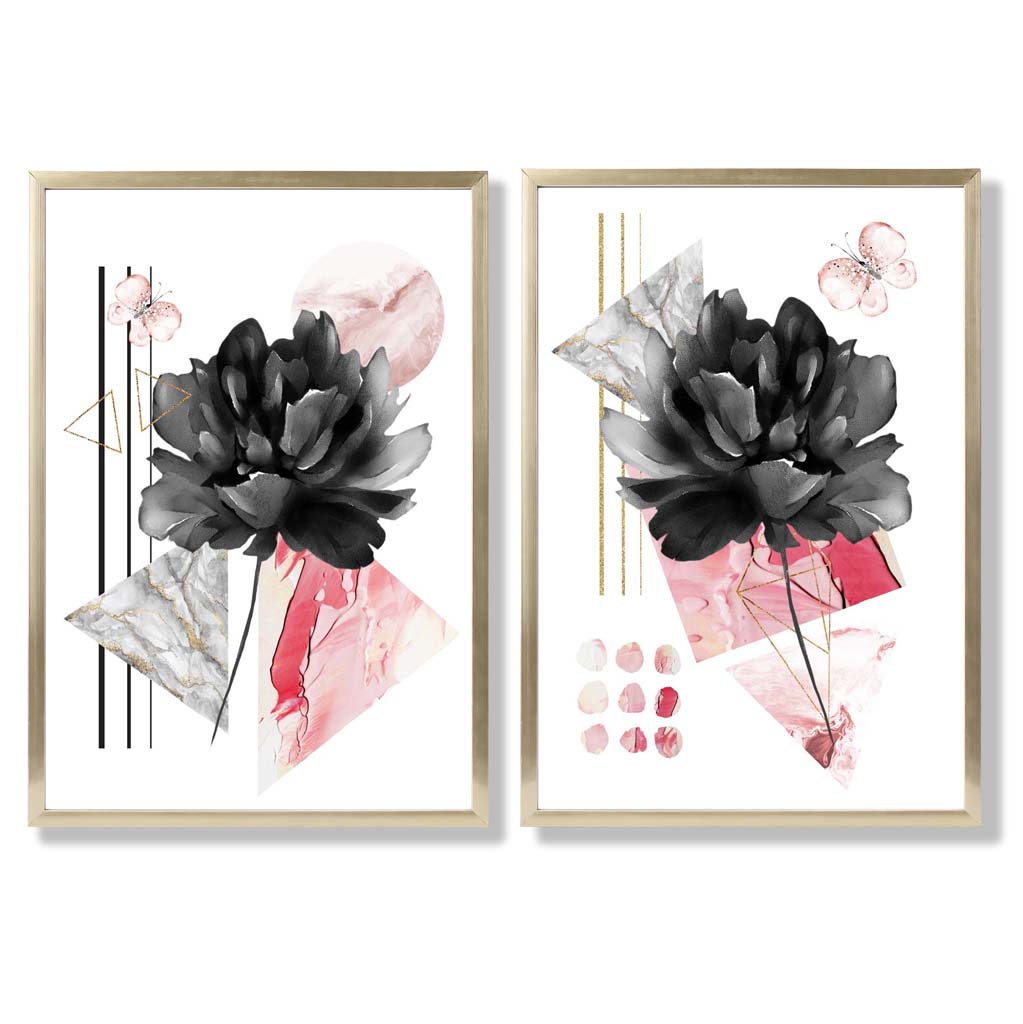 Moderna Konsttryck med Blommotiv i Svart och Rosa - Set om 2 8