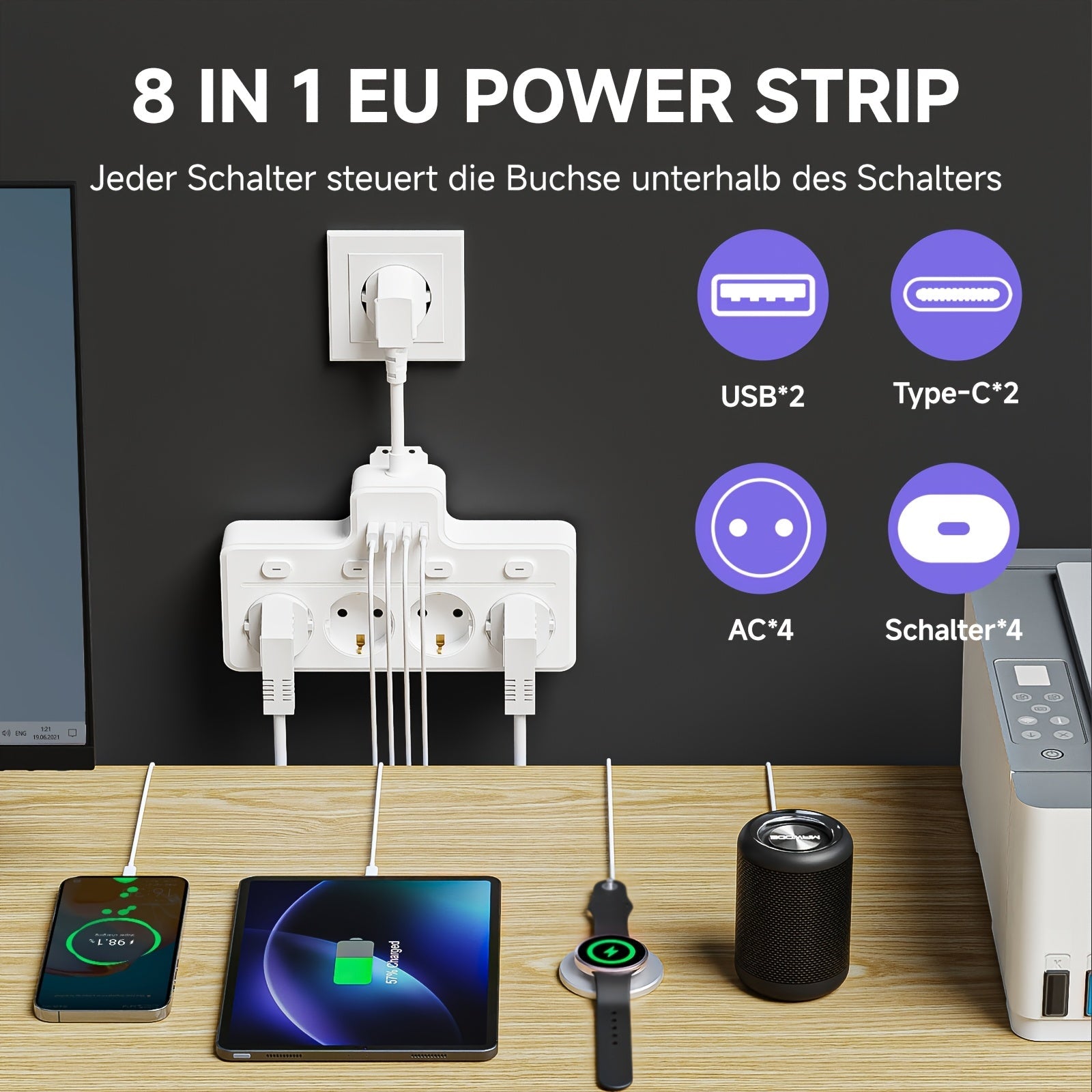 Multifunktionell Strömkontakt Med 4 AC-Uttag Och 2 USB-Portar 1