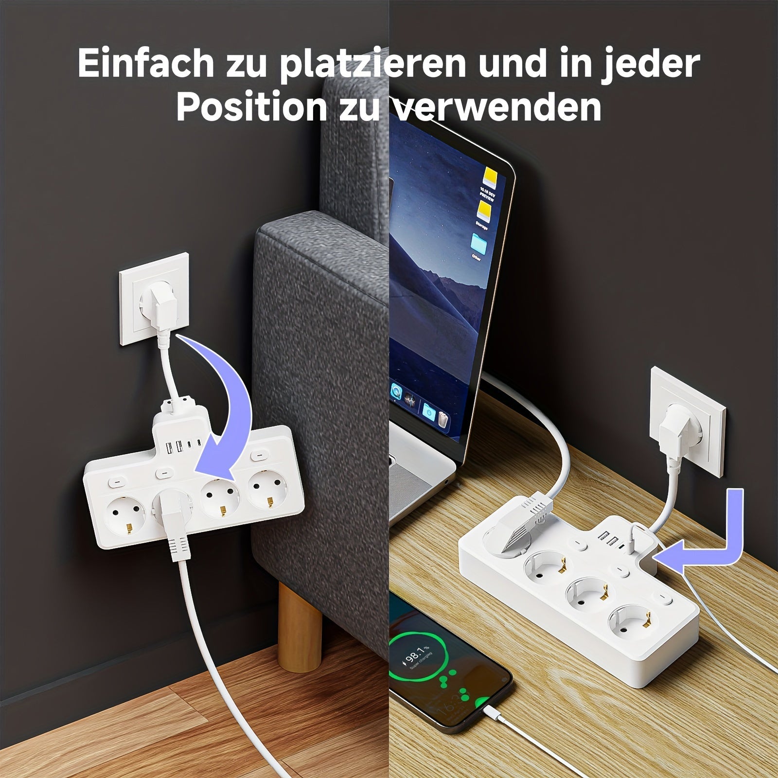 Multifunktionell Strömkontakt Med 4 AC-Uttag Och 2 USB-Portar 3