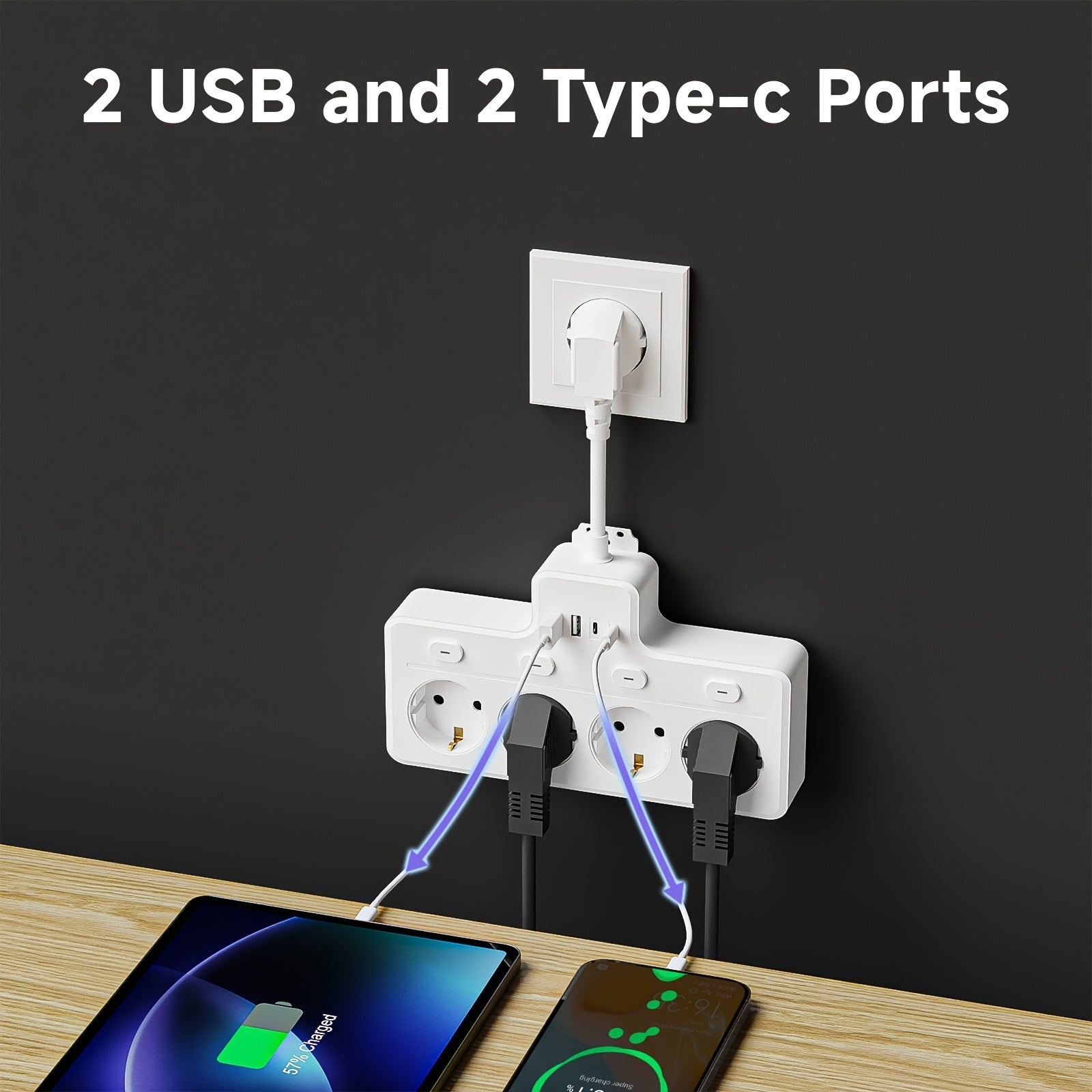 Multifunktionell Strömkontakt Med 4 AC-Uttag Och 2 USB-Portar 6