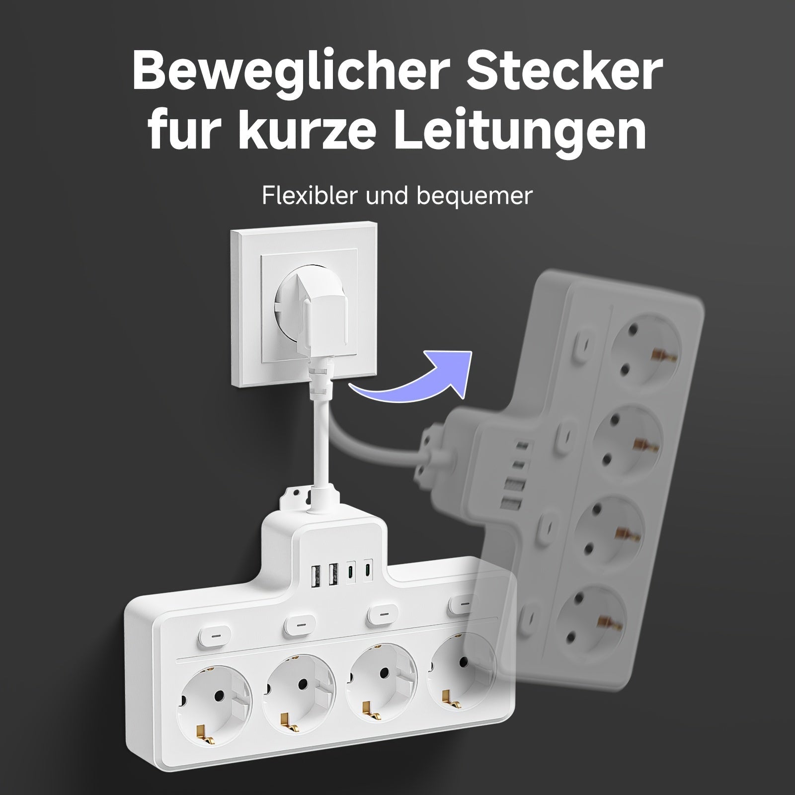 Multifunktionell Strömkontakt Med 4 AC-Uttag Och 2 USB-Portar 7