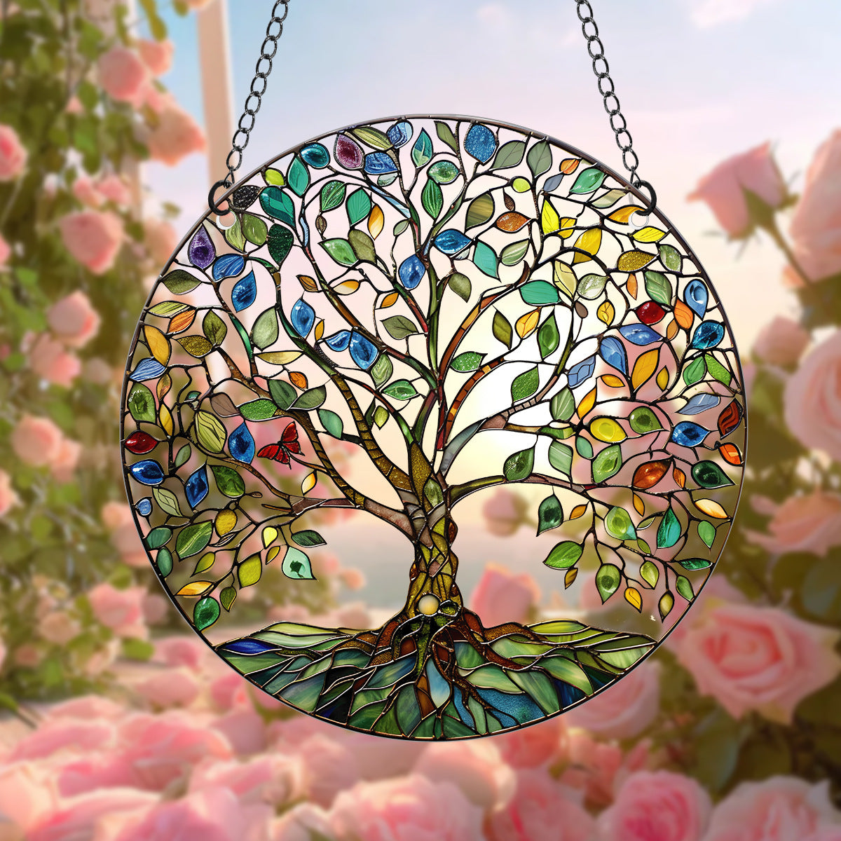 Handgjord Fönsterdekoration Livets Träd i Målade Glas