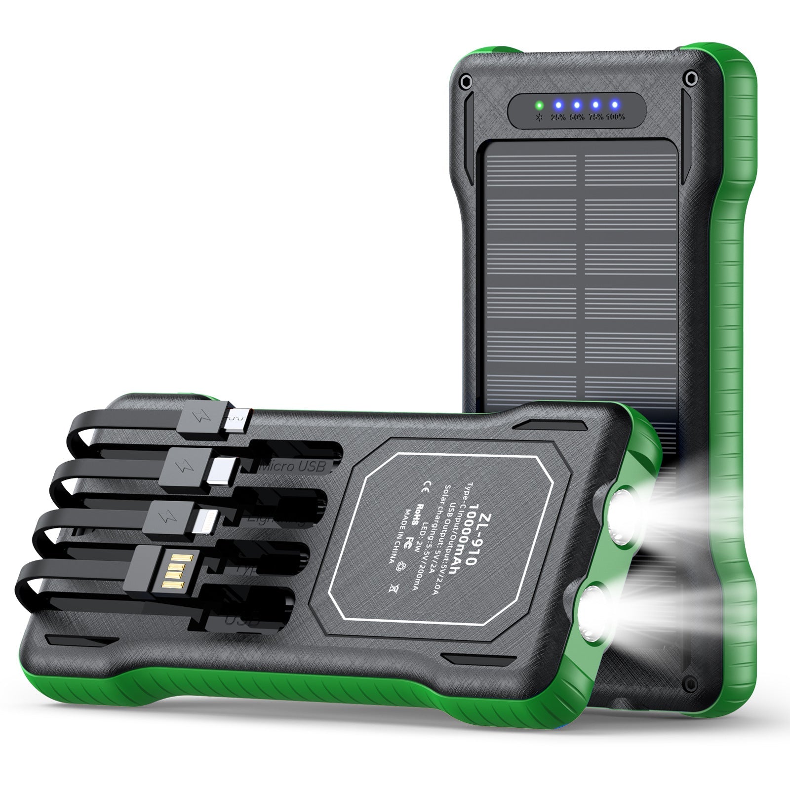 Powerbank Med Solceller 10000mAh För Utomhusbruk Med Multifunktionella Laddningskablar 0