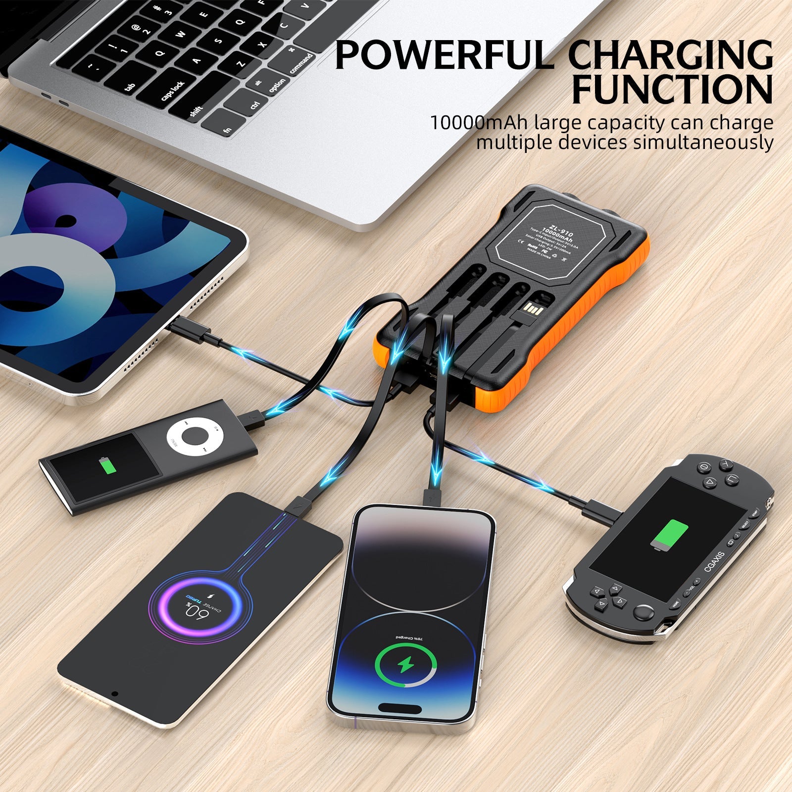 Powerbank Med Solceller 10000mAh För Utomhusbruk Med Multifunktionella Laddningskablar 3