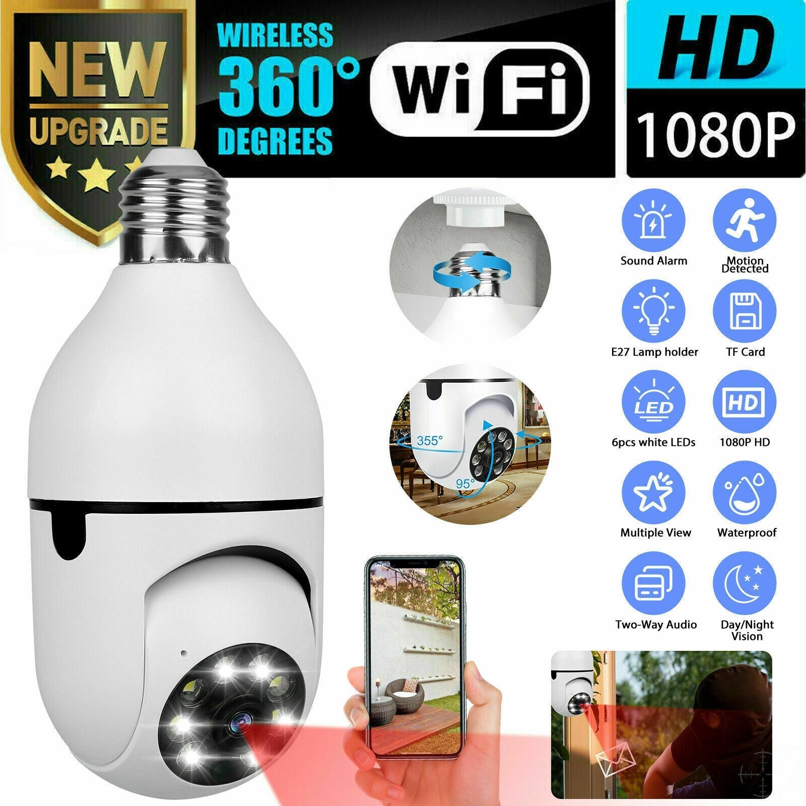 Säkerhetskamera E27 med HD 1080P och WiFi 0