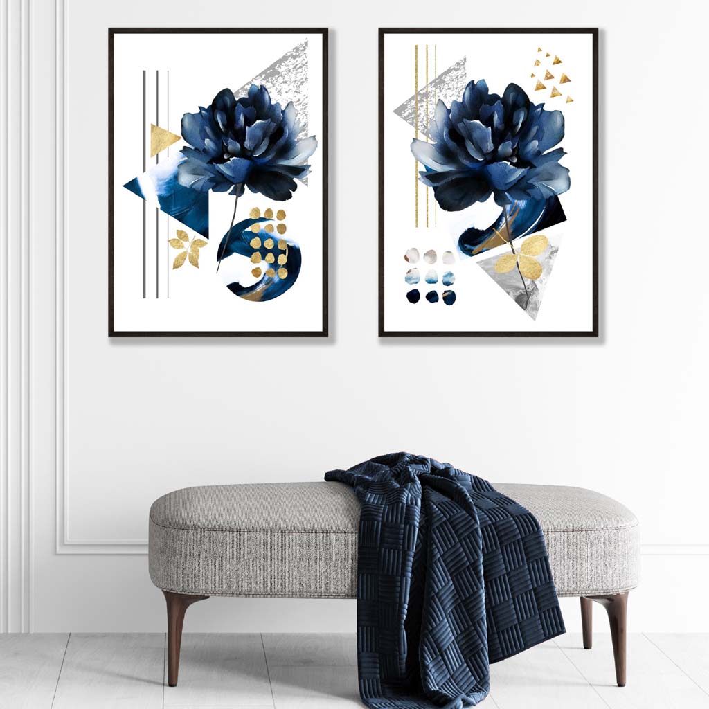 Set med 2 konsttryck av blommor i blått och guld 1