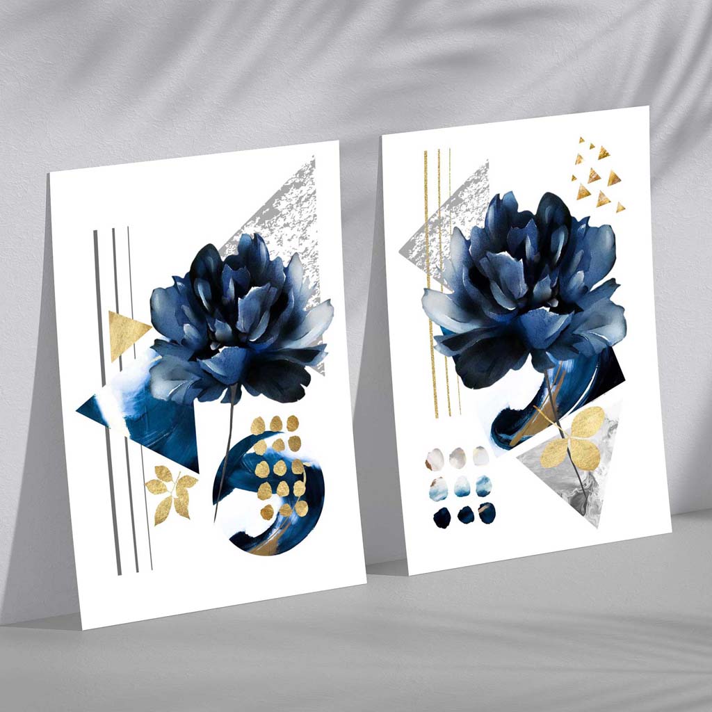 Set med 2 konsttryck av blommor i blått och guld 2