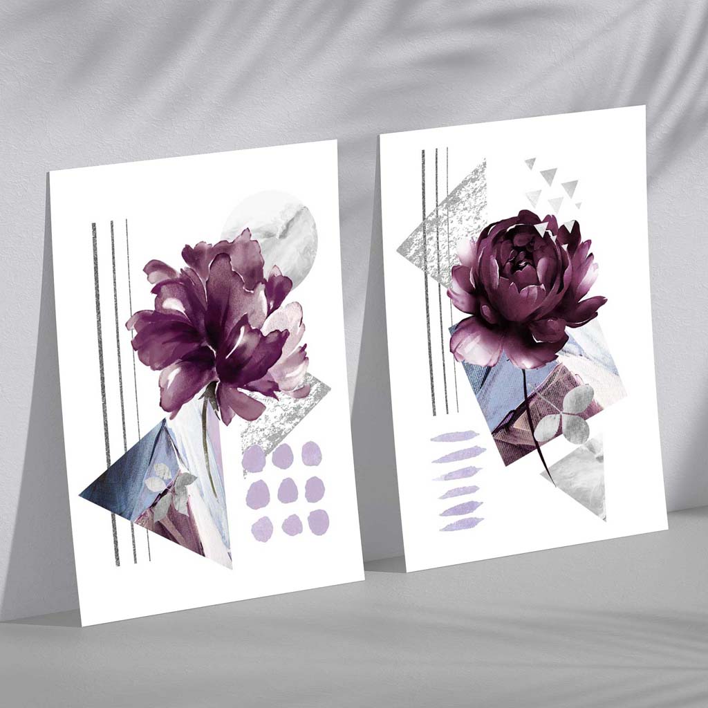 Set med 2 konsttryck av blommor i lila ram 2