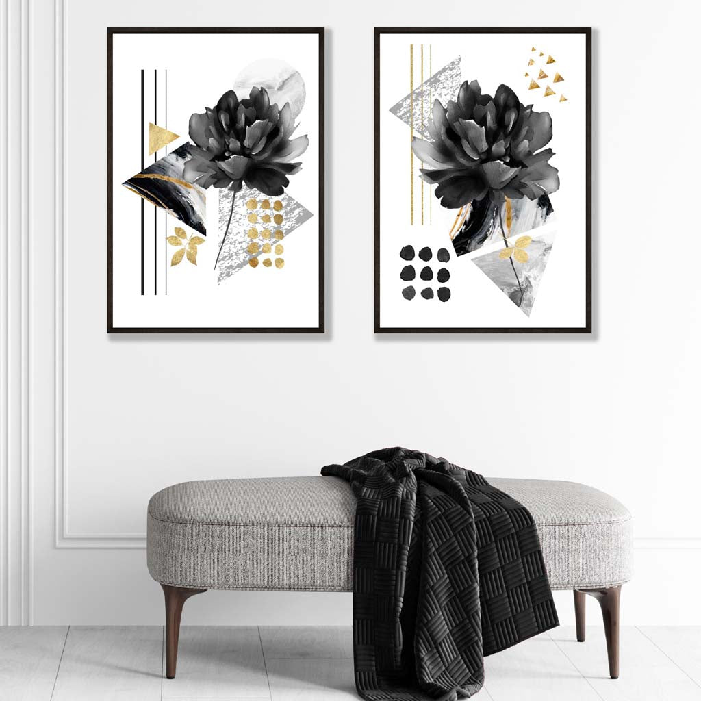 Set med 2 konsttryck av blommor i svart och guld 1
