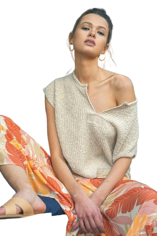 Stickad Dam Tröja Med Patchdetaljer Mjuk Fiber Avslappnad Stil 0