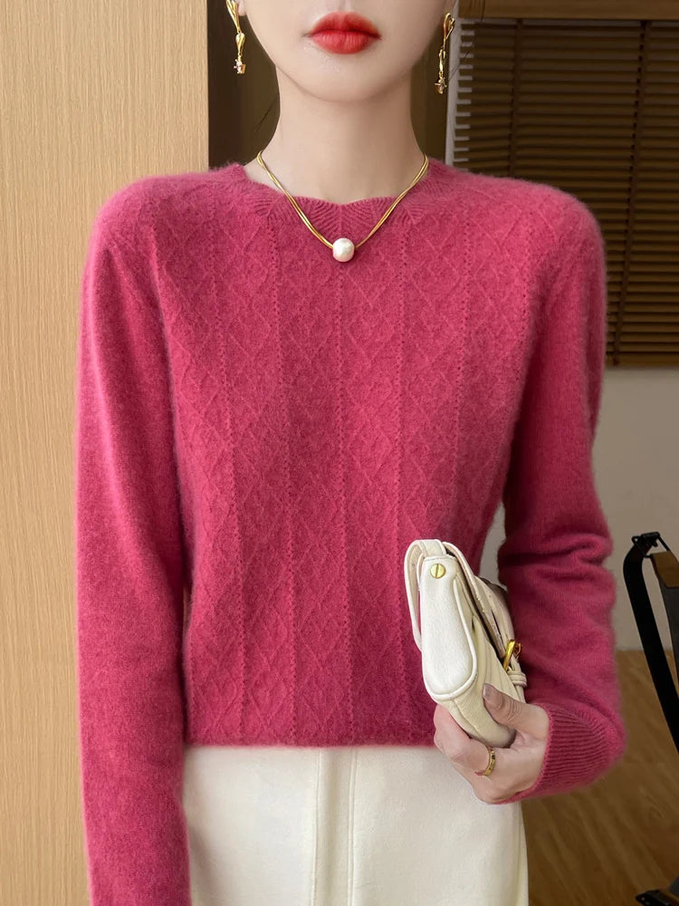 Stickad Dam Tröja O-hals Merinoull Långärmad Pullover 11