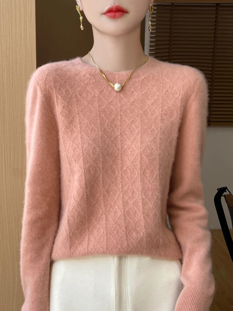 Stickad Dam Tröja O-hals Merinoull Långärmad Pullover 12