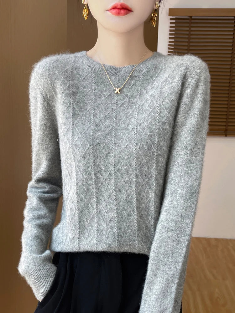 Stickad Dam Tröja O-hals Merinoull Långärmad Pullover 3