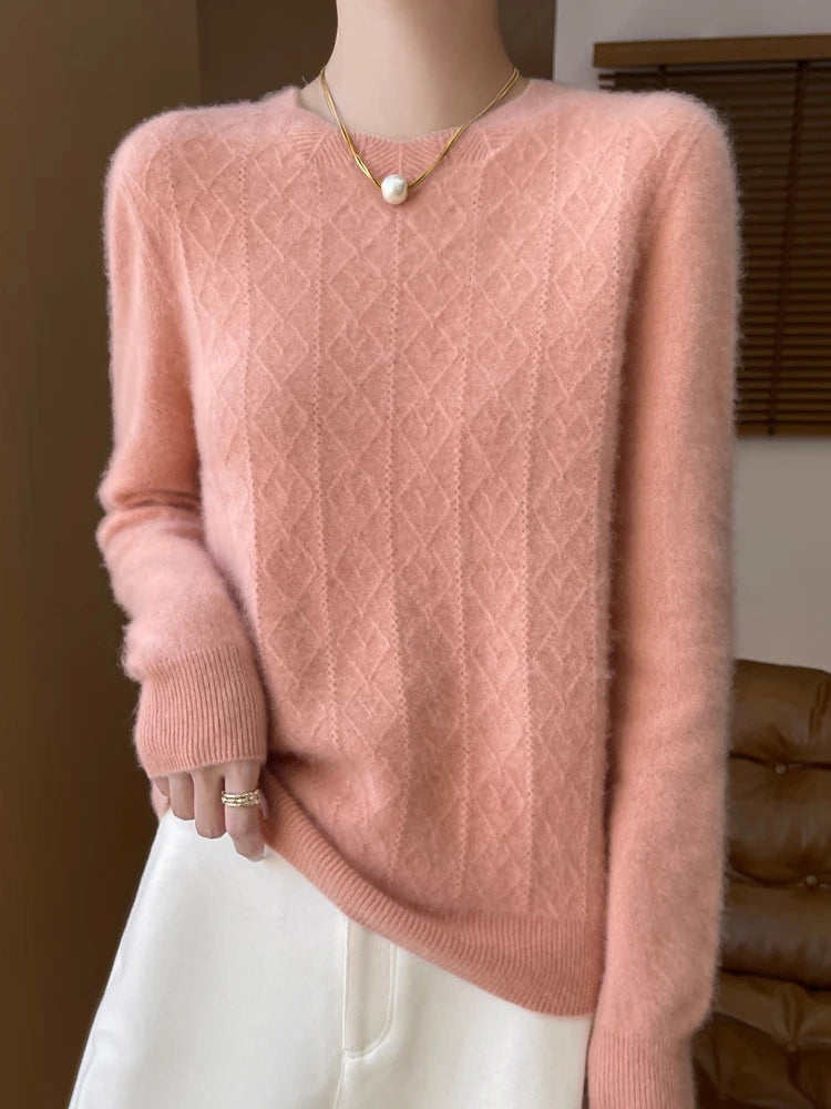 Stickad Dam Tröja O-hals Merinoull Långärmad Pullover 4