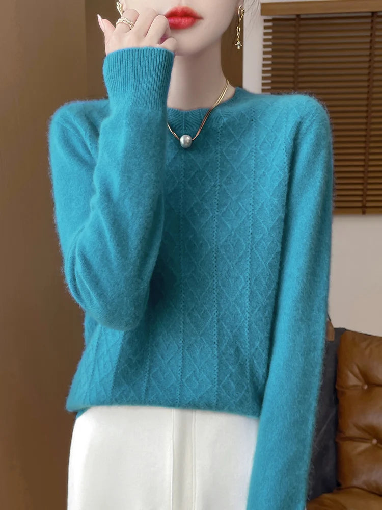 Stickad Dam Tröja O-hals Merinoull Långärmad Pullover 5
