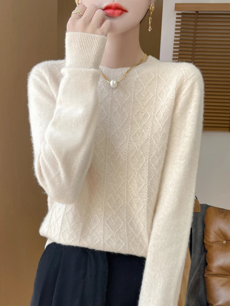 Stickad Dam Tröja O-hals Merinoull Långärmad Pullover 6