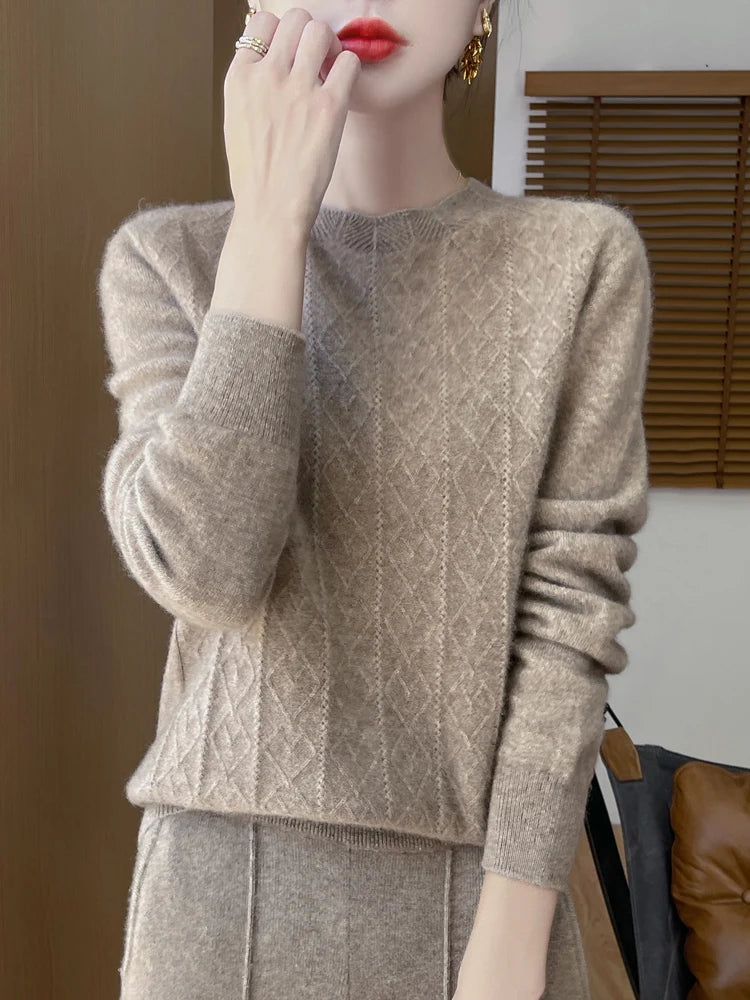 Stickad Dam Tröja O-hals Merinoull Långärmad Pullover 7